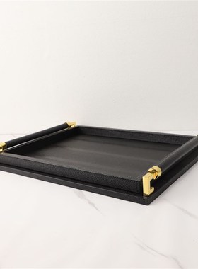 新中式皮革木质黑色托盘样板房书房客厅家居O书房电视柜装饰品摆