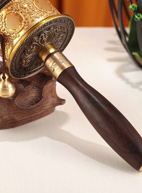 藏式手摇转轮随身纯铜浮雕铜材手摇转筒家居摆件民族用品黄铜实木