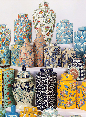 中欧式家居装饰粉彩陶瓷储物x罐民宿客厅电视柜摆件玄关博古架摆