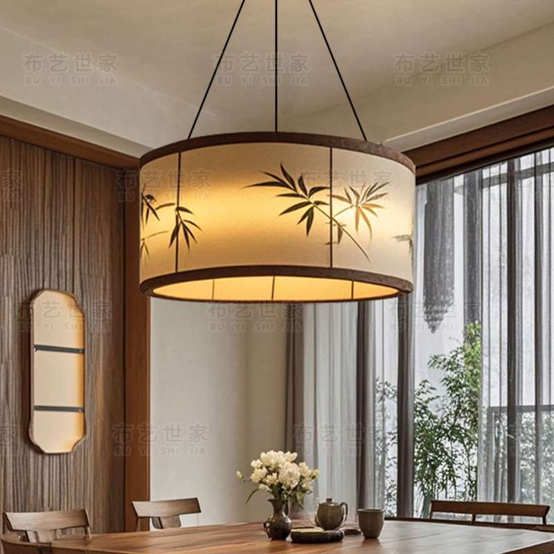 Song Dynasty Aesthetic Round Bamboo Leaf Landscape Painting Living Room Restaurant Zen Tea Room Study Bedroom Bed and Breakfast Fabric Chandelier