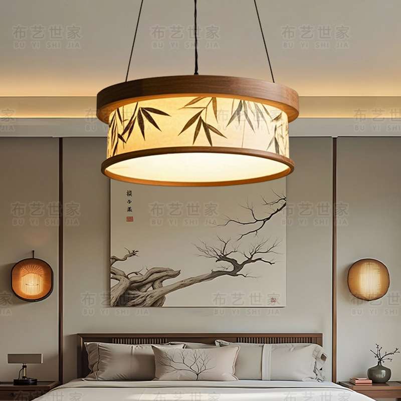 Song Dynasty Aesthetic Round Bamboo Leaf Landscape Painting Living Room Restaurant Zen Tea Room Study Bedroom Bed and Breakfast Fabric Chandelier