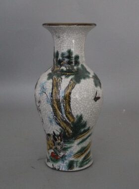 大清乾隆年制粉彩玉兔吃草图花瓶 古董瓷器收藏摆件家居展柜装饰