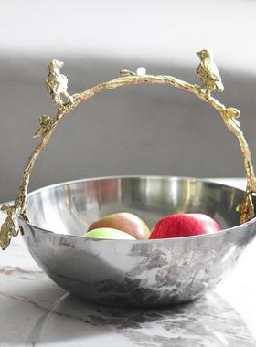 轻奢金属抽象艺术小鸟提手果盘摆件样板房家居桌面果碗果兜装饰品