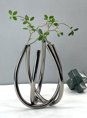 现代简约金属交织花器花插摆件黑色圆管花器样板间客厅桌面装饰品