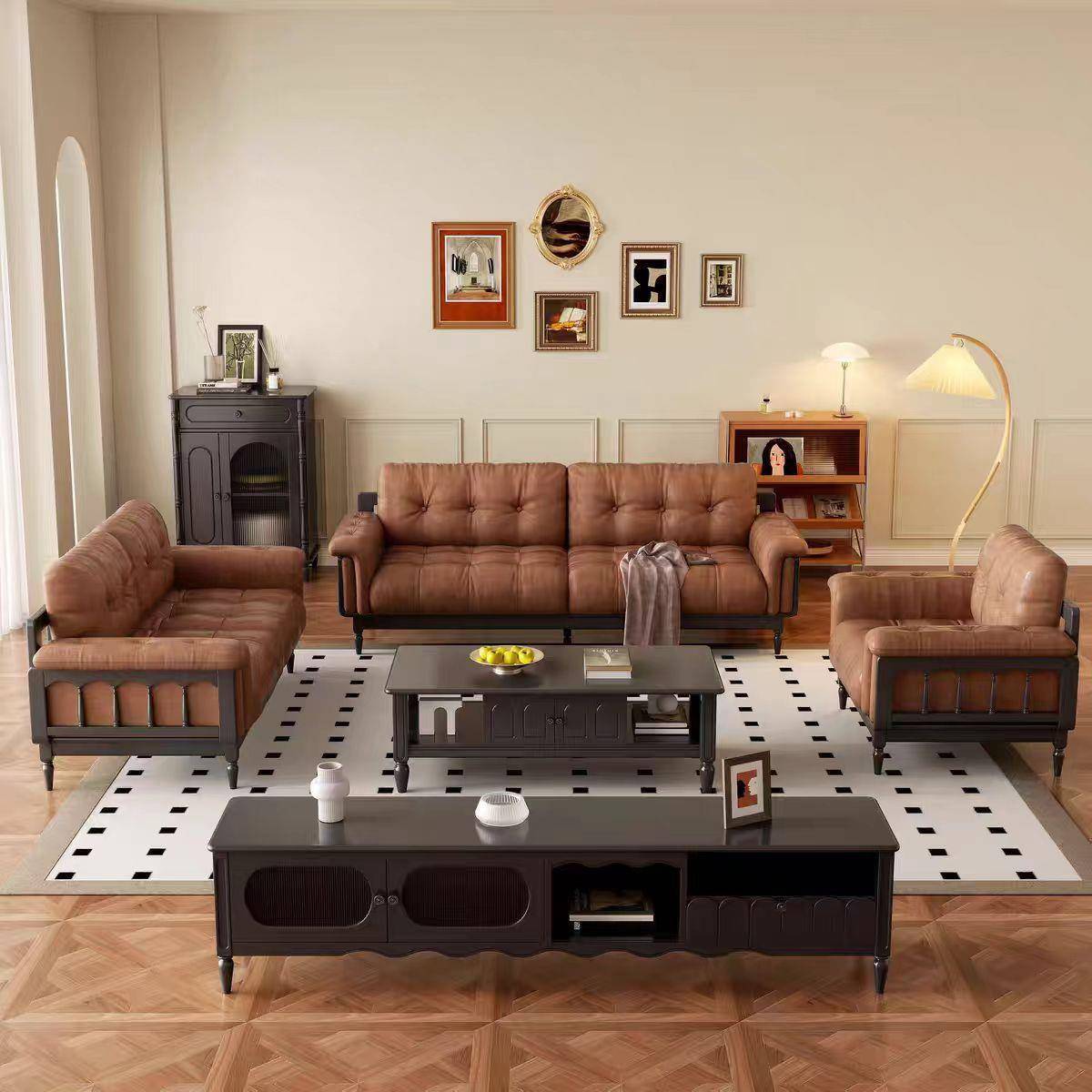 中古风简约实木沙发经济型客厅电视柜茶几组合现代简约小户型沙发 - 图1