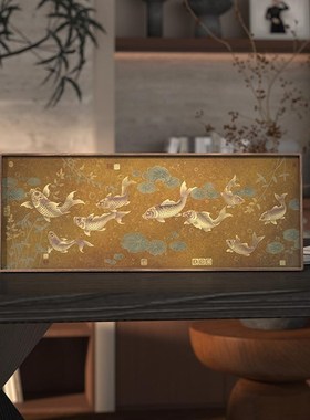 覆古款九鱼图桌i面装饰摆件客厅锦鲤寓意空间装饰黄铜摆台赠礼礼