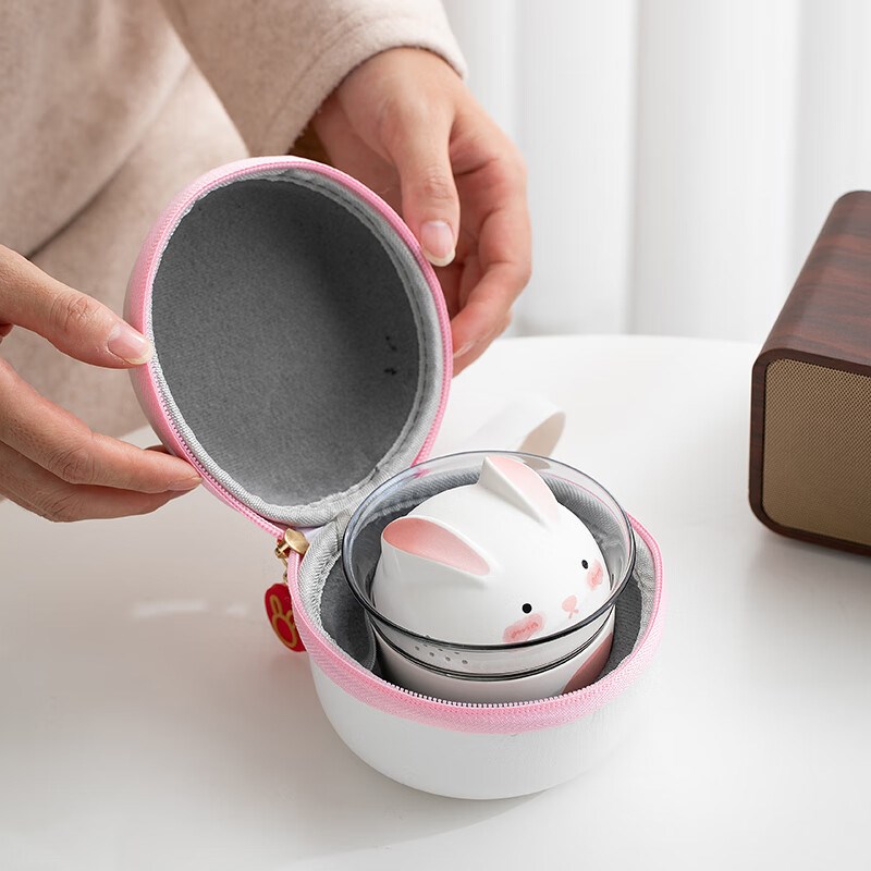 鑫烁萌兔b玻璃快客杯一壶三杯便携式户外旅行茶具陶瓷茶杯茶壶泡 - 图0