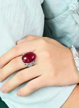 仿玛瑙玉髓镀银宝石戒指女士款活口开口K925镀银饰蜜蜡送妈妈