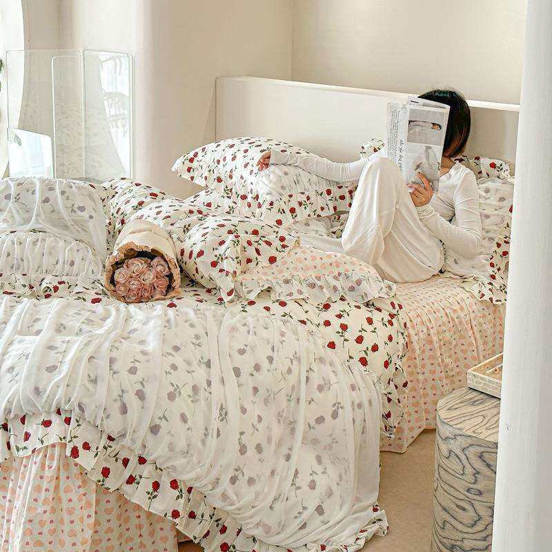 玫瑰恋人法式全棉花边蕾丝床裙四件套纯棉a类床上用品南通公主风,淘宝优惠券,粉丝福利购,淘宝优惠卷