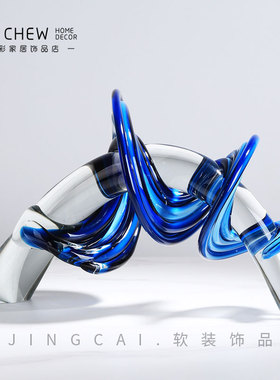 现代轻奢蓝色海浪抽象办公酒店桌面摆件加厚琉璃样板房样品屋展Z