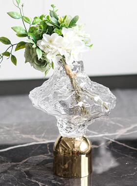 轻奢不规则半透明玻璃花器摆件酒店样板房展厅抽象金属花瓶装饰品