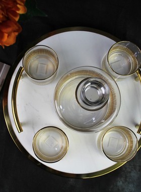 样板房客厅餐厅茶几大理石托盘装饰品酒L柜水晶酒具洋酒道具摆件