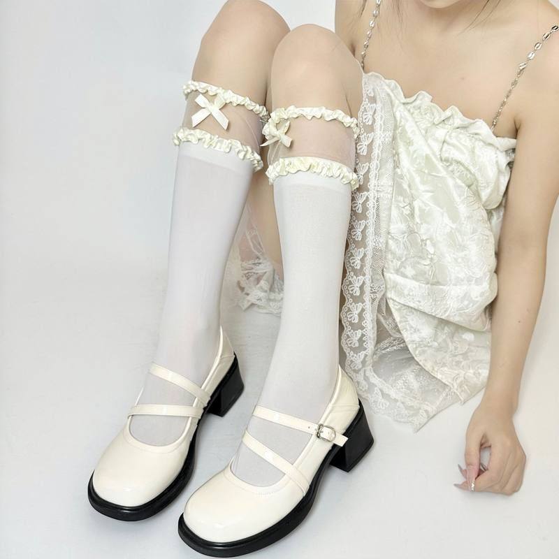 蝴蝶结小腿短袜袜花边洛丽塔甜美袜春夏拼接袜纯欲jk薄款网纱过膝,淘宝优惠券,粉丝福利购,淘宝优惠卷