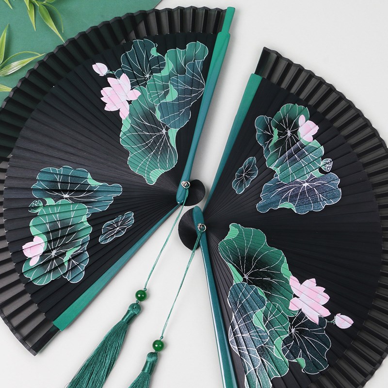462中式全竹女子扇荷花扇半透明喷绘古M风女子折扇易开易关舞扇 - 图2