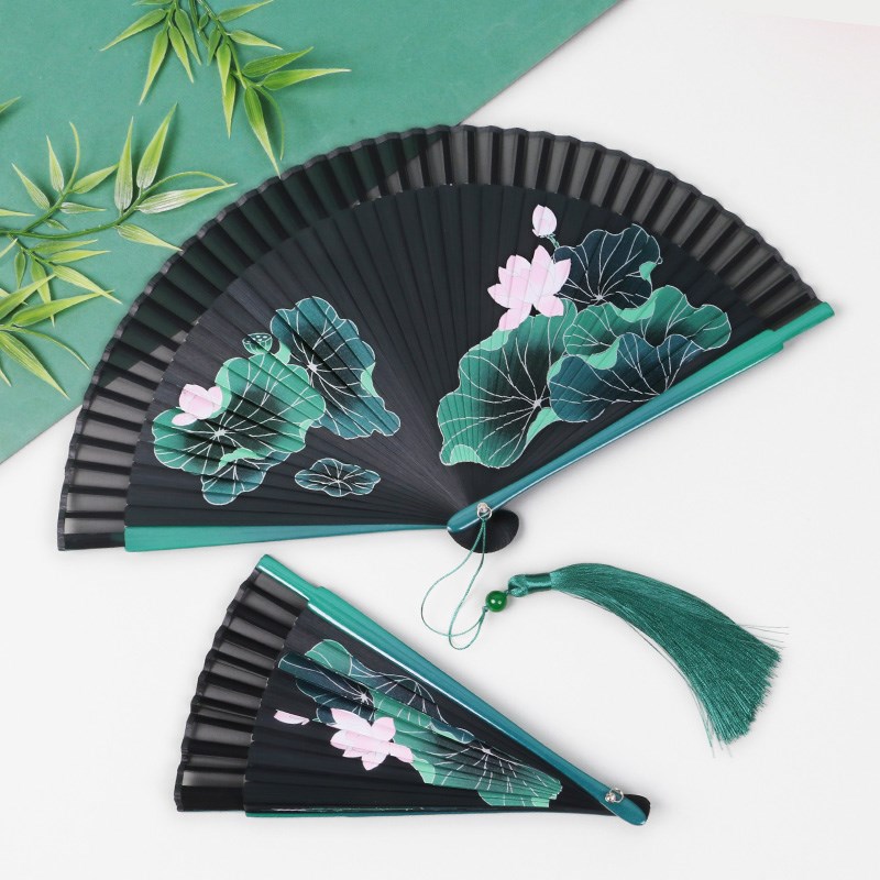 462中式全竹女子扇荷花扇半透明喷绘古M风女子折扇易开易关舞扇 - 图0