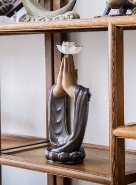 陶瓷莲花佛手夜灯中式办公室摆件创意酒柜客厅禅意博古架大号装饰