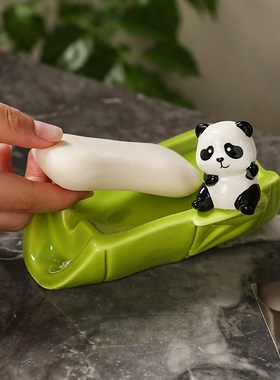 可爱熊猫香皂盒陶瓷装饰摆件洗手C台浴室香皂放置架防积水沥水皂