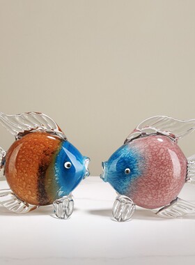 琉璃轻奢亲嘴鱼对嘴n鱼动物摆件招财客厅样板房玄关桌面装饰品送