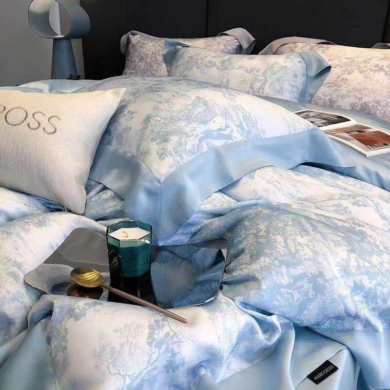 100支天丝四件套夏季冰丝床单被套轻奢北欧风床笠三件套被罩枕套 - 图1