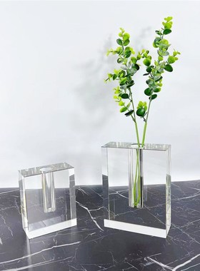现代简约欧式透明水晶玻璃方块花器花瓶花插O摆件样板房售楼处饰