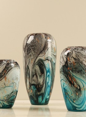 现代轻奢水墨画琉璃花瓶艺术摆件玄关餐J桌装饰客厅插花花器样板