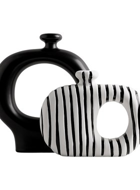 中古简约黑白条i纹花瓶摆件客厅插花玄关桌面装饰品侘寂轻奢高级