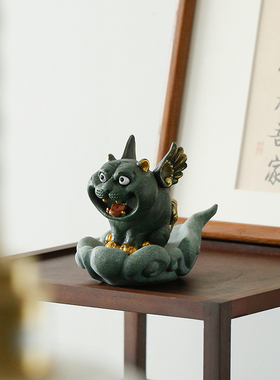 国风青砂石如虎添翼动物摆件创意鱼缸客厅办公R室桌面摆设茶几装