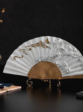 新中式书房禅意摆件书柜博古架立体浮雕扇子工艺品样板Z间软装饰