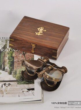 手工进口怀旧双筒望远镜样板间复古纯铜摆件西洋古董软装印度木盒