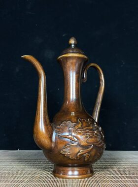 高器浮雕酒壶纯铜西域仿古桌面摆件复古酒壶壶铜酒壶牡丹收藏