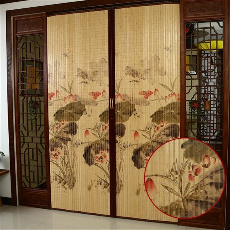 竹移门推拉门帘折叠门竹帘窗帘卷帘印花遮光隔断简易门Z竹帘子门 - 图1