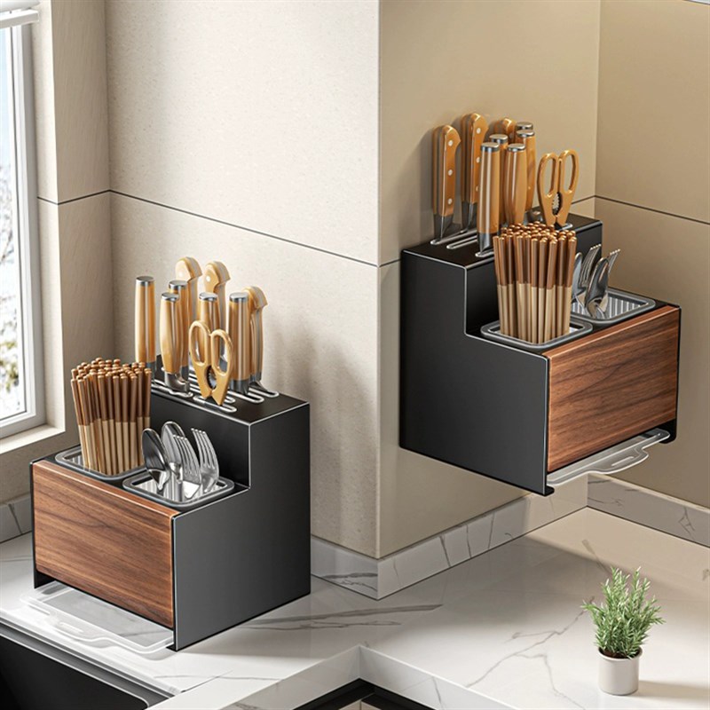 胡桃木刀架筷子筒一体免打孔可拆卸厨房菜刀置物架筷子收纳盒筷笼 - 图0