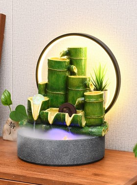 竹子流水器摆件循环养鱼喷泉水轮桌上客厅办公室竹筒开 业送