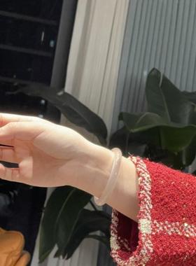 天然冰透手镯女藕粉色猫眼石晴水圆镯叮当镯荔枝冻玉髓玛瑙玉镯子