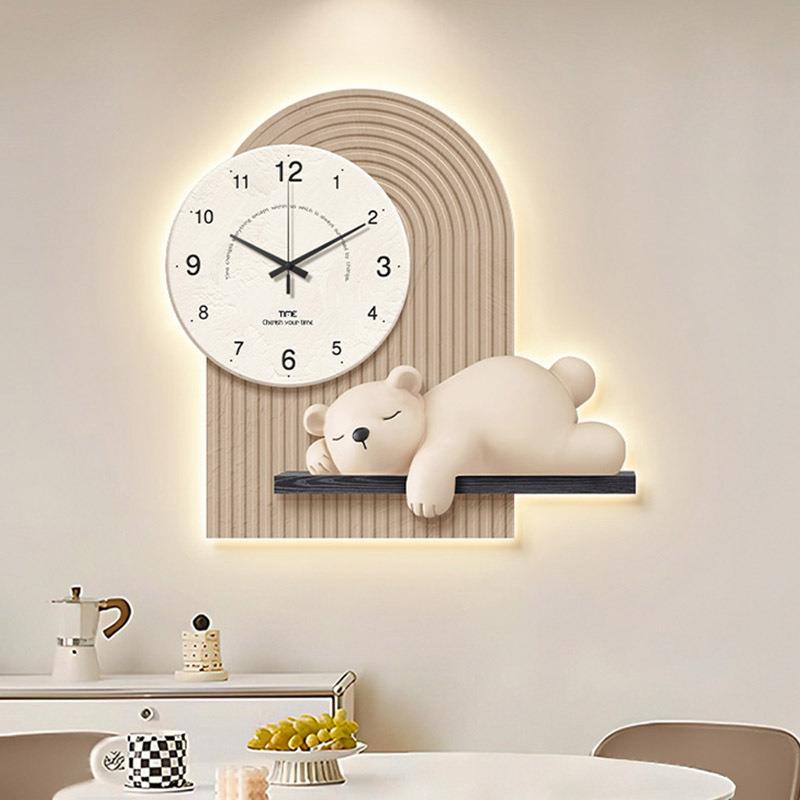 奶油风客厅装饰画挂钟餐厅挂画带钟表可爱动物墙面创意时钟壁画 - 图0