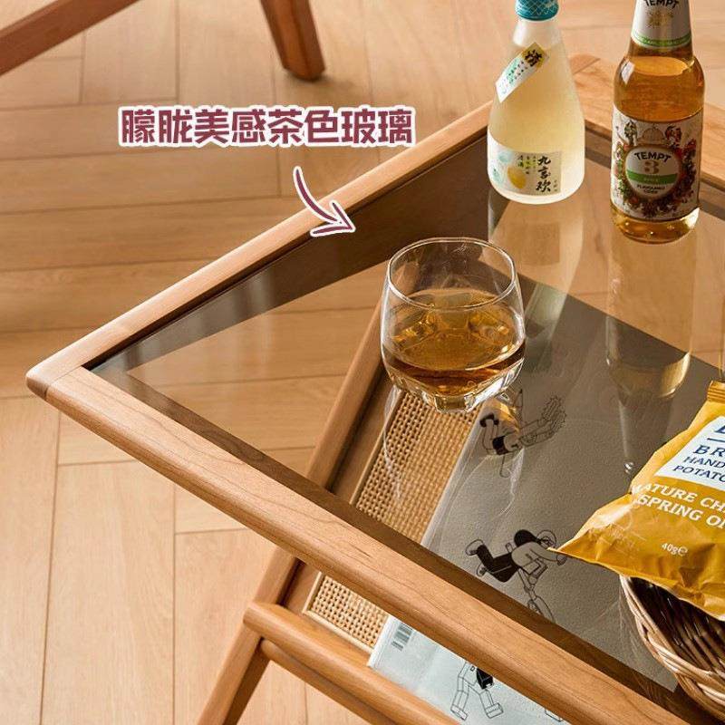 法式复古茶几实木藤编客厅家用餐桌两用玻璃长方形简约现代小户型,淘宝优惠券,粉丝福利购,淘宝优惠卷