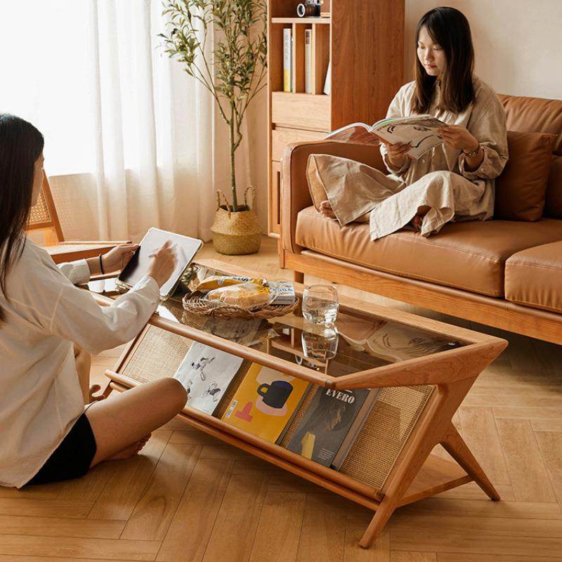 法式复古茶几实木藤编客厅家用餐桌两用玻璃长方形简约现代小户型,淘宝优惠券,粉丝福利购,淘宝优惠卷