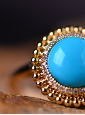 藏珠饰家 天然绿松石戒指 18K金镶钻高瓷高蓝无铁线湖北玉化松石5