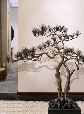 新中国风售楼处酒店大堂欢迎松木装饰饰品客厅入口金属地板站立财