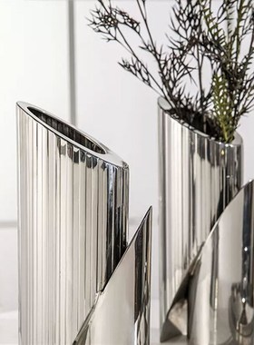 现代艺术不锈钢花瓶摆件样v板间客厅茶几餐桌面花器插花摆设装饰