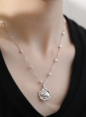 S925银白锆玫瑰吊坠山B茶花百搭扣吊坠女仅吊坠项坠