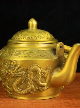 铜酒壶龙凤酒壶大清乾隆纯黄铜龙凤茶壶古董老物件提梁壶酒壶摆件