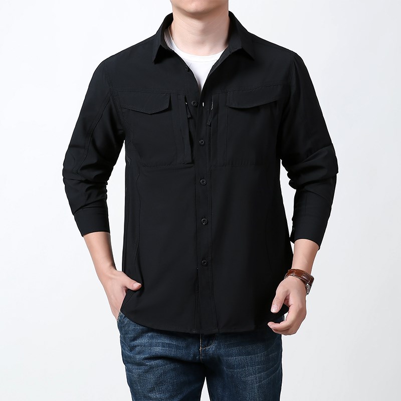 双拉链大口袋春夏季新款男士工装长袖衬衫大码纯棉中青年衬衣薄 - 图2