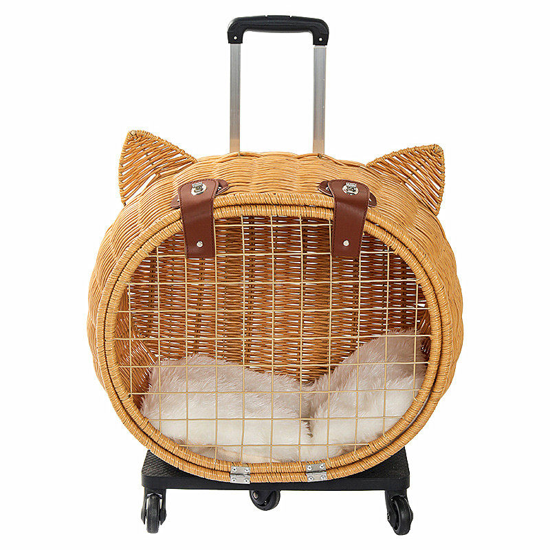 猫咪外出拉杆箱手工藤编窝皮革锁扣宠物防丢狗狗笼行李箱带滑轮子,淘宝优惠券,粉丝福利购,淘宝优惠卷