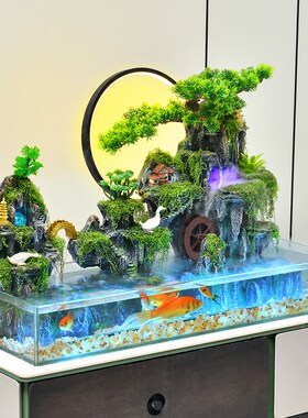 客厅鱼缸假山流水生n财摆件办公室桌面加湿器落地高山循环水景装