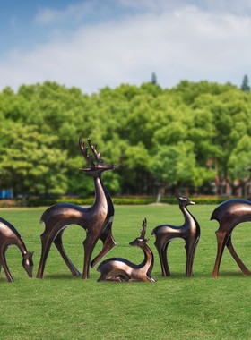 几何抽象鹿玻璃钢仿铜鹿雕塑园林景观麋鹿美陈装饰品梅花鹿大摆件