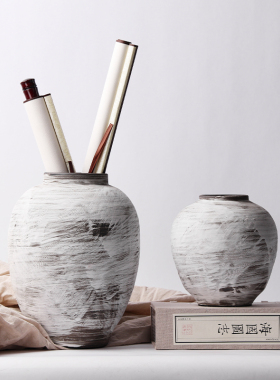 新中式陶瓷水墨花纹花器摆件样板间售楼处隔断层客厅玄关处装饰品