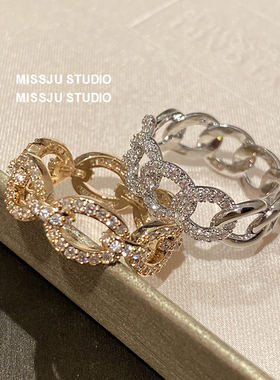 日常百搭戒指超闪满钻潮酷链条食指宽版女锁链戒男女ins潮情侣戒