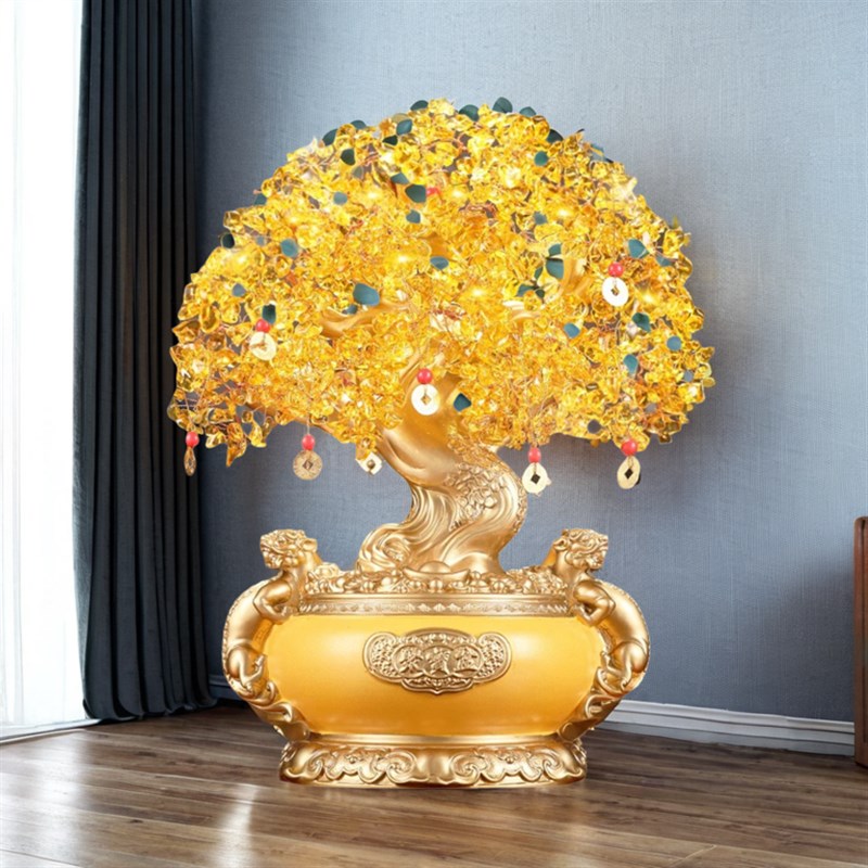 黄水晶摇钱树聚宝盆发财树招财摆件办公室店铺酒柜装饰品开业礼品 - 图3