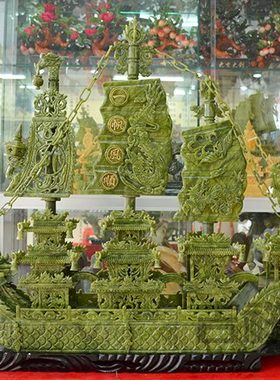 玉雕酒店米玉石船龙公司器玉青玉一双头送礼家居饰品精工摆件客厅